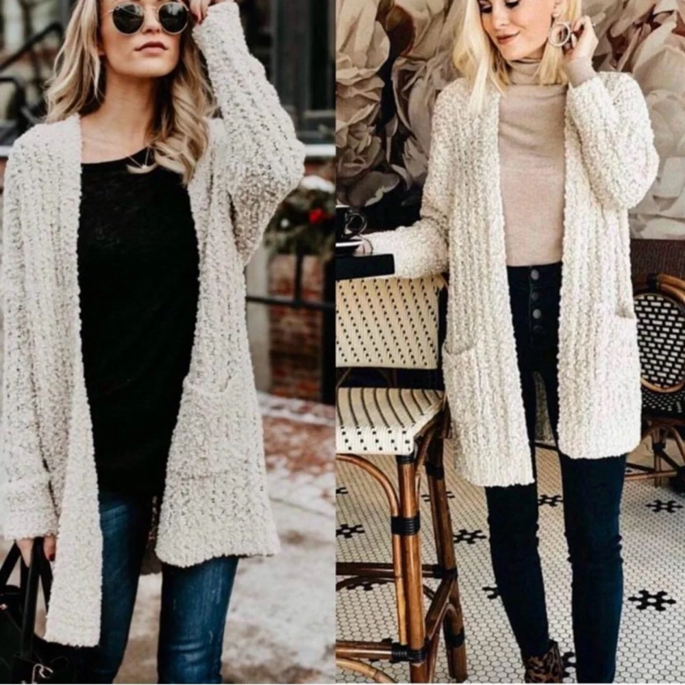 popcorn fuzzy women jacket covers up cardigna sweater with pockets